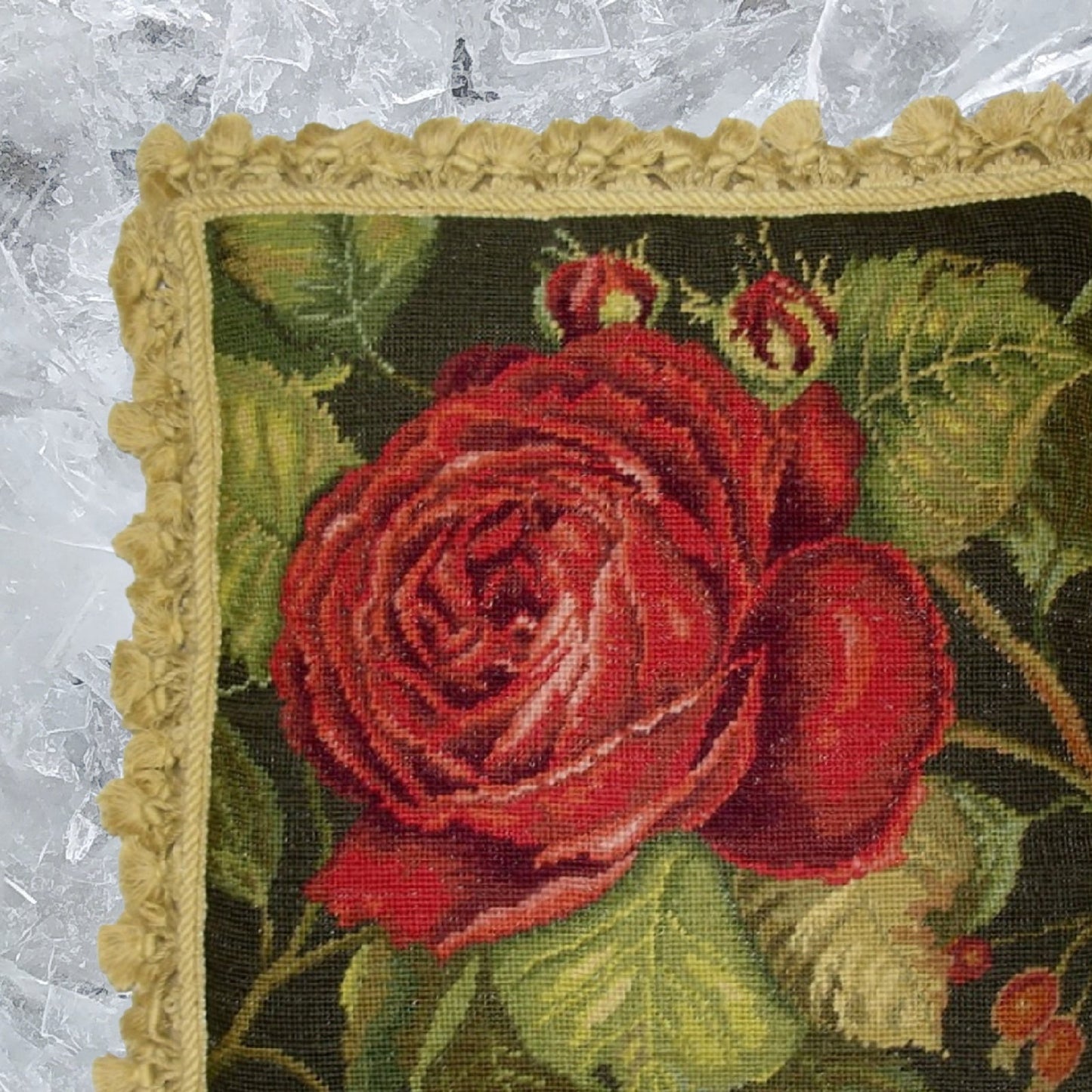 Handmade Wool Needlepoint Pillow Cover - Decorative Throw Cushion Cover - Vintage Floral Embroidery Design Kathryn White designRose Rouge, Grosspoint