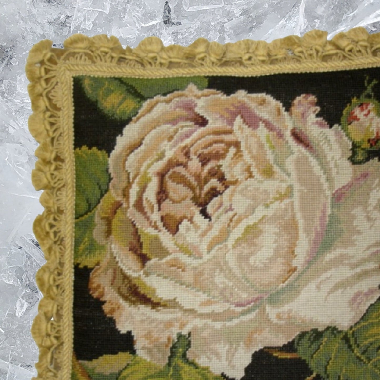 Handmade Wool Needlepoint Pillow Cover - Decorative Throw Cushion Cover - Vintage Floral Embroidery Design Kathryn White designRose Blanche, grosspoint