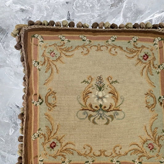 Handmade Wool Needlepoint Pillow Cover - Decorative Throw Cushion Cover - Vintage Floral Embroidery Design  yellow harp floral with 3 color tassel