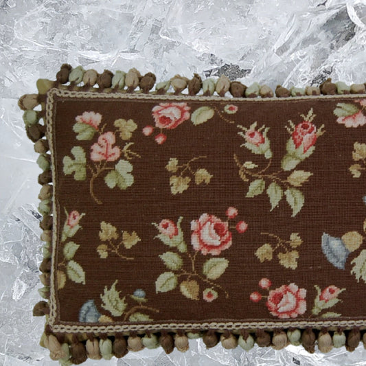 Handmade Wool Needlepoint Pillow Cover - Decorative Throw Cushion Cover - Vintage Floral Embroidery Design  pink roses brown back with tassels