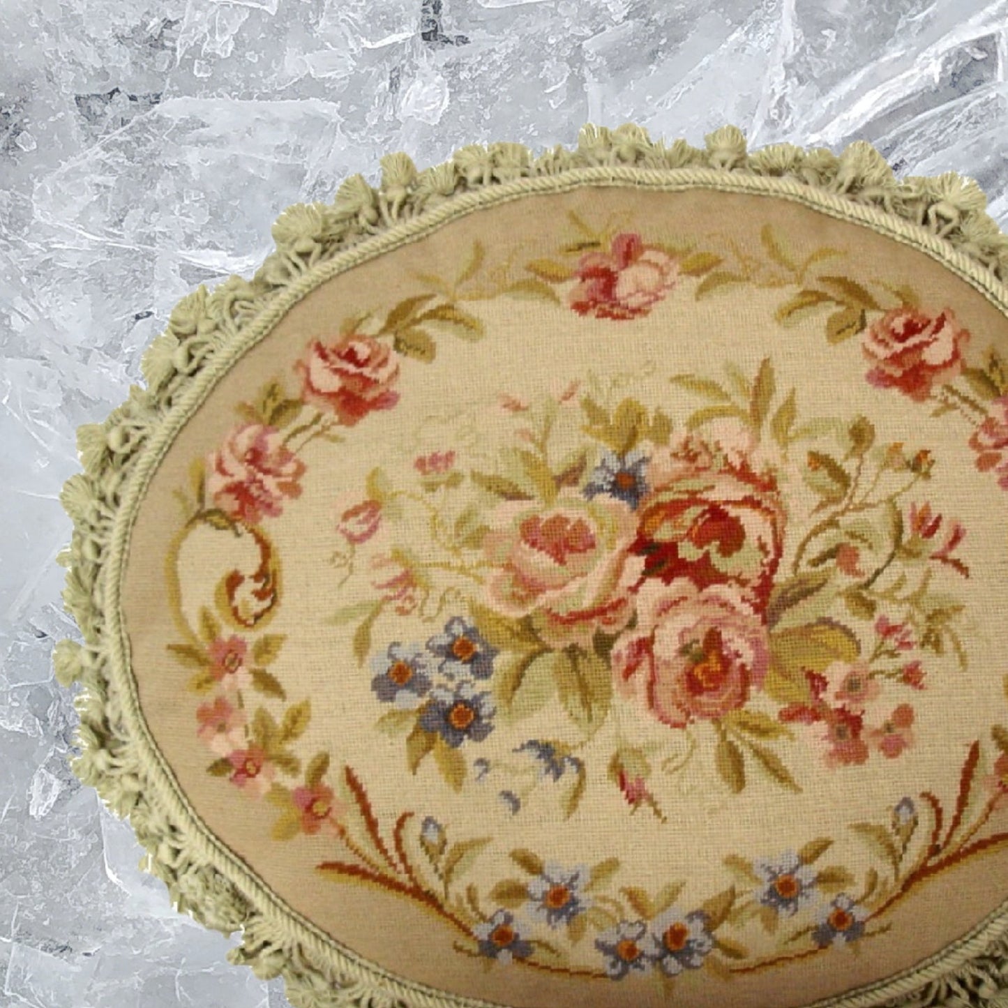 Handmade Wool Needlepoint Pillow Cover - Decorative Throw Cushion Cover - Vintage Floral Embroidery Design oval pillow antique roses bage background nature tassels