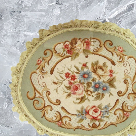 Handmade Wool Needlepoint Pillow Cover - Decorative Throw Cushion Cover - Vintage Floral Embroidery Design  oval pillow central flower light green frame nature tassels