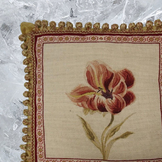 Handmade Wool Needlepoint Pillow Cover - Decorative Throw Cushion Cover - Vintage Floral Embroidery Design redPeonie Lauren Hamlton design with 2 color tassel