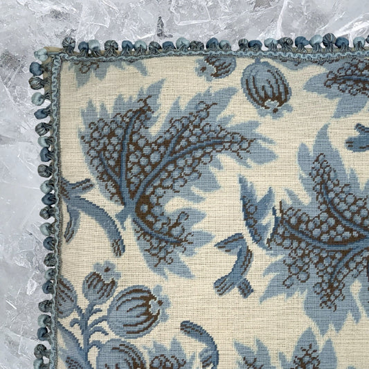 Handmade Wool Needlepoint Pillow Cover - Decorative Throw Cushion Cover - Vintage Floral Embroidery Design blue grapes leaves ivory background with tassels