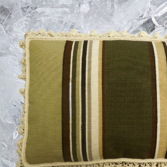 Handmade Wool Needlepoint Pillow Cover - Decorative Throw Cushion Cover - Vintage Floral Embroidery Design strips in green, brown, ivory with tassels