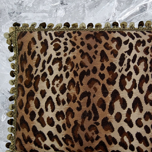 Handmade Wool Needlepoint Pillow Cover - Decorative Throw Cushion Cover - Vintage Floral Embroidery Design leopard animal print with 3 color tassel