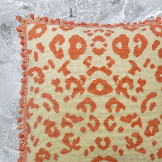 Handmade Wool Needlepoint Pillow Cover - Decorative Throw Cushion Cover - Vintage Floral Embroidery Design orange animal print with tassels