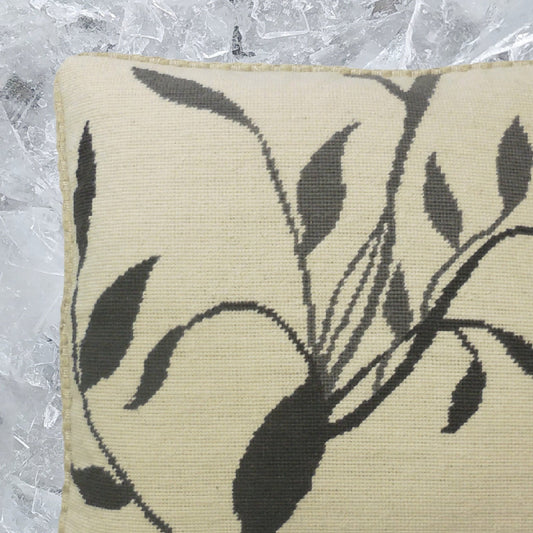 Handmade Wool Needlepoint Pillow Cover - Decorative Throw Cushion Cover - Vintage Floral Embroidery Design gray/black leaves off-white background with checker cording