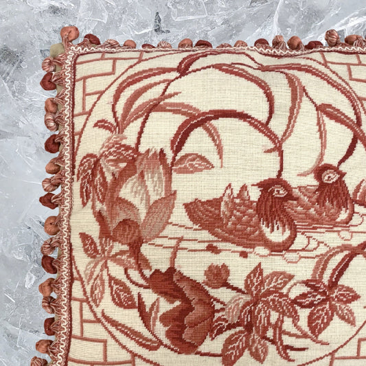 Handmade Wool Needlepoint Pillow Cover - Decorative Throw Cushion Cover - Vintage Floral Embroidery Design  red Mandarin Ducks lotus flower with tassels