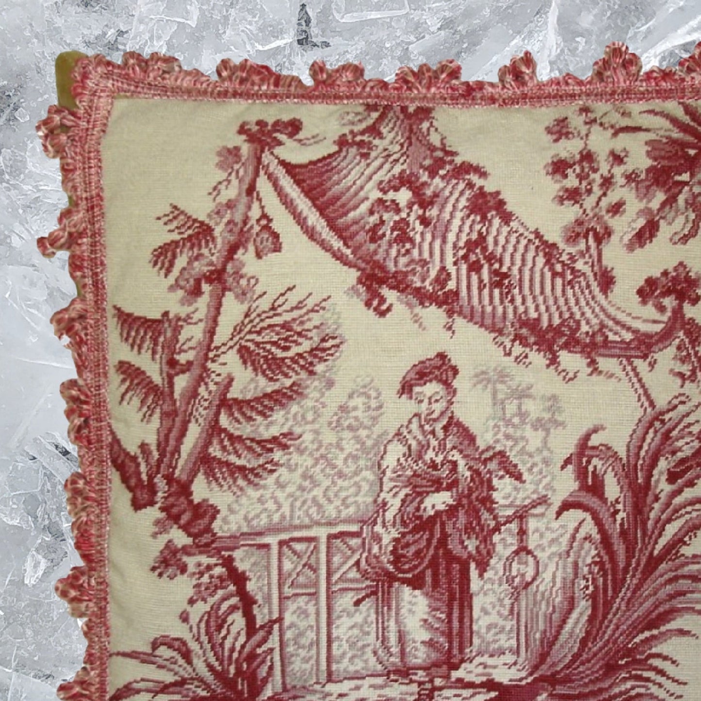 Handmade Wool Needlepoint Pillow Cover - Decorative Throw Cushion Cover - Vintage Floral Embroidery Design Chinese fishman red/white