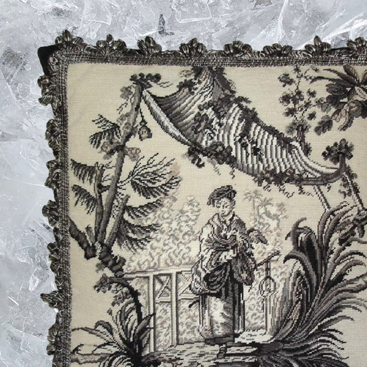 Handmade Wool Needlepoint Pillow Cover - Decorative Throw Cushion Cover - Vintage Floral Embroidery Design  Chinese fishman black/white