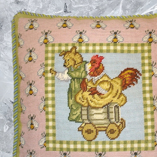 Handmade Wool Needlepoint Pillow Cover - Decorative Throw Cushion Cover - Vintage Floral Embroidery Design bear & chicken bees on the board blue green cording