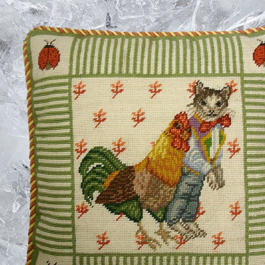Handmade Wool Needlepoint Pillow Cover - Decorative Throw Cushion Cover - Vintage Floral Embroidery Design cat boy & chicken ladybug on 4 corners mauve & yellow cording