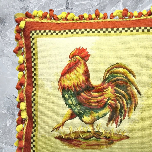 Handmade Wool Needlepoint Pillow Cover - Decorative Throw Cushion Cover - Vintage Floral Embroidery Design rooster 2 color onion tassel