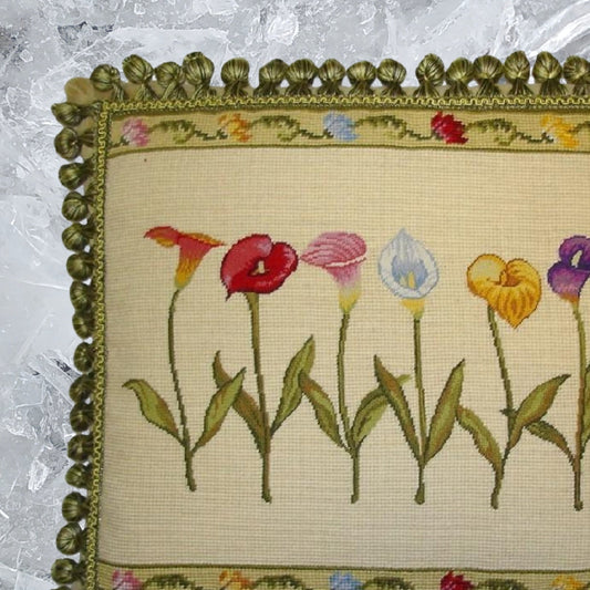 Handmade Wool Needlepoint Pillow Cover - Decorative Throw Cushion Cover - Vintage Floral Embroidery Design  with 2 color tassel I