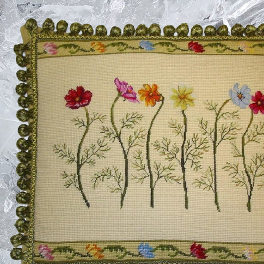 Handmade Wool Needlepoint Pillow Cover - Decorative Throw Cushion Cover - Vintage Floral Embroidery Design  with 2 color tassel II