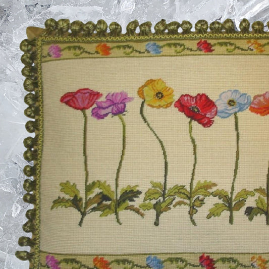 Handmade Wool Needlepoint Pillow Cover - Decorative Throw Cushion Cover - Vintage Floral Embroidery Design  with 2 color tassel