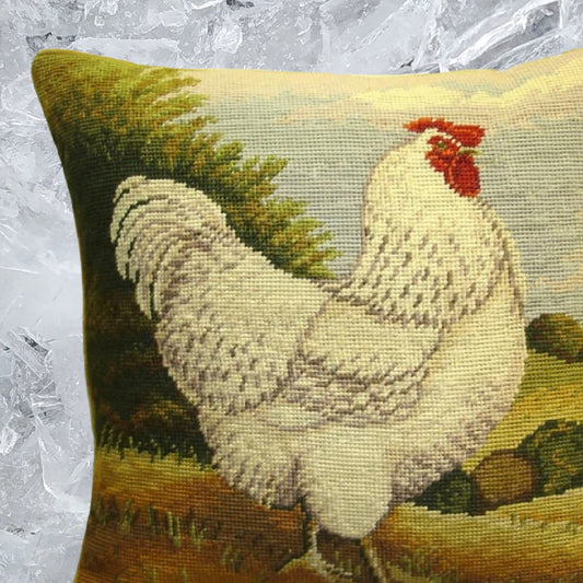 Handmade Wool Needlepoint Pillow Cover - Decorative Throw Cushion Cover - Vintage Floral Embroidery Design white roosterByron