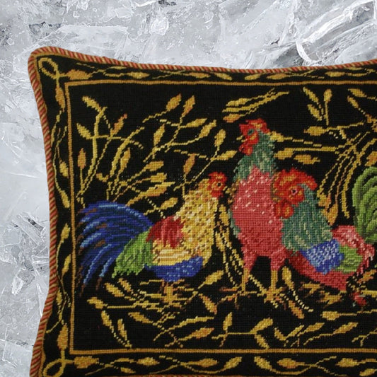 Handmade Wool Needlepoint Pillow Cover - Decorative Throw Cushion Cover - Vintage Floral Embroidery Design Anne Hathaways design 3 roosters