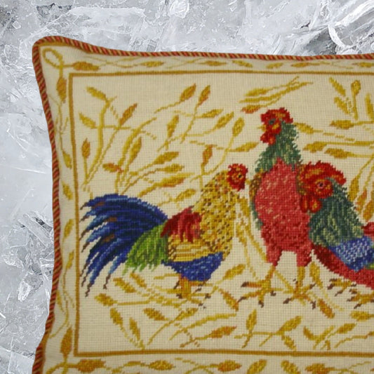 Handmade Wool Needlepoint Pillow Cover - Decorative Throw Cushion Cover - Vintage Floral Embroidery Design 3 roosters Anne Hathaways Design