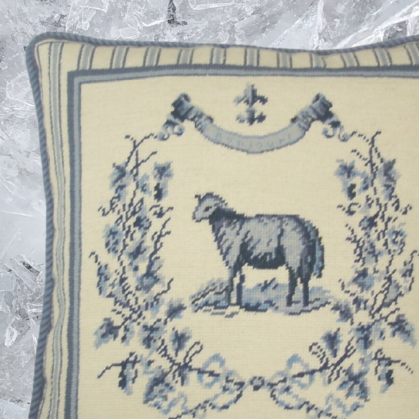 Handmade Wool Needlepoint Pillow Cover - Decorative Throw Cushion Cover - Vintage Floral Embroidery Design Gayle Bighouses design french country sheep blue