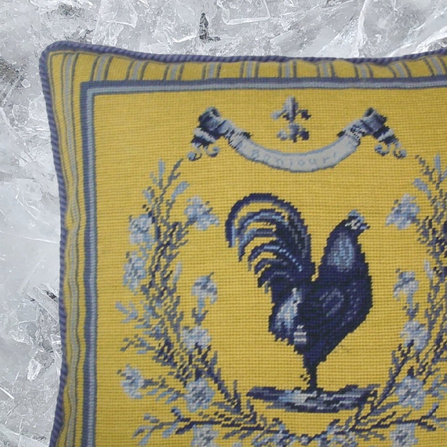 Handmade Wool Needlepoint Pillow Cover - Decorative Throw Cushion Cover - Vintage Floral Embroidery DesignGrosspoint yellow/blue Rooster with cording