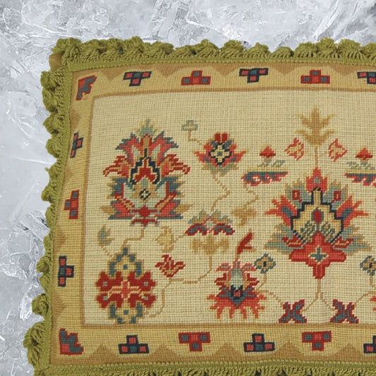 Handmade Wool Needlepoint Pillow Cover - Decorative Throw Cushion Cover - Vintage Floral Embroidery Design Turkish gold/red designs with gold tassels I