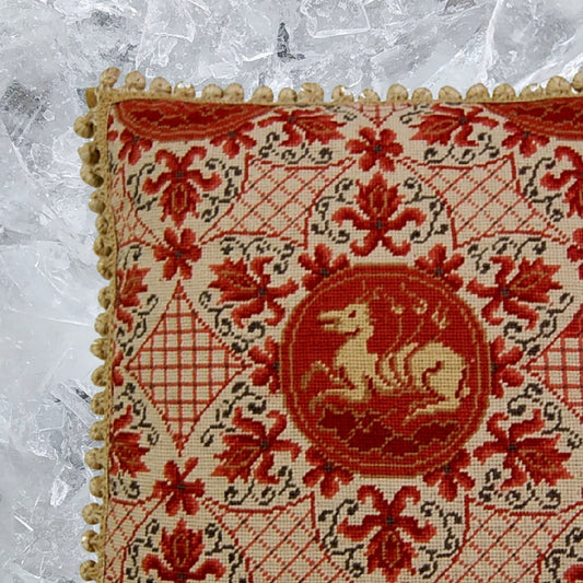 Handmade Wool Needlepoint Pillow Cover - Decorative Throw Cushion Cover - Vintage Floral Embroidery Design red ancient dogs with tassels I