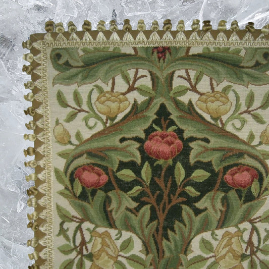 Handmade Wool Needlepoint Pillow Cover - Decorative Throw Cushion Cover - Vintage Floral Embroidery Design  old roses dark green center with tassels