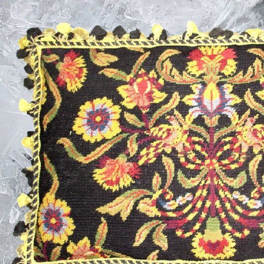 Handmade Wool Needlepoint Pillow Cover - Decorative Throw Cushion Cover - Vintage Floral Embroidery Design William Morris design black with 3 color tassel
