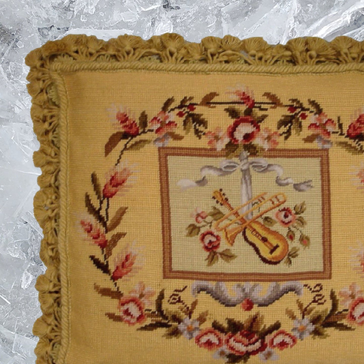 Handmade Wool Needlepoint Pillow Cover - Decorative Throw Cushion Cover - Vintage Floral Embroidery Design Violin background
