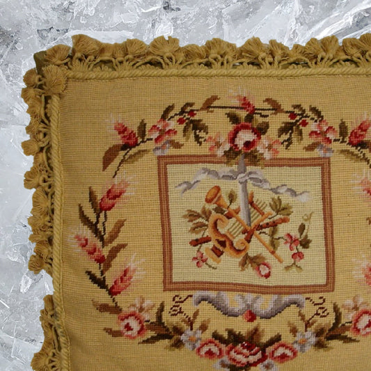 Handmade Wool Needlepoint Pillow Cover - Decorative Throw Cushion Cover - Vintage Floral Embroidery Design  Harp background