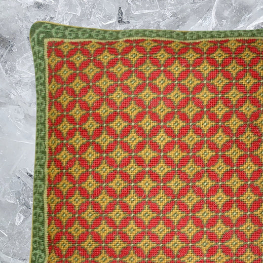 Handmade Wool Needlepoint Pillow Cover - Decorative Throw Cushion Cover - Vintage Floral Embroidery Design checkers in shade of rich gold, red, green