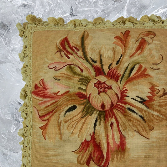 Handmade Wool Needlepoint Pillow Cover - Decorative Throw Cushion Cover - Vintage Floral Embroidery Design  Corn Flower center with tassel