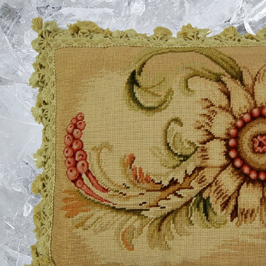 Handmade Wool Needlepoint Pillow Cover - Decorative Throw Cushion Cover - Vintage Floral Embroidery Design Wheat flower side with tassels