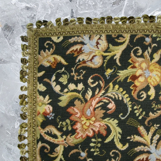 Handmade Wool Needlepoint Pillow Cover - Decorative Throw Cushion Cover - Vintage Floral Embroidery Design wheat flower blooming in summer midnight washed black back with tassels