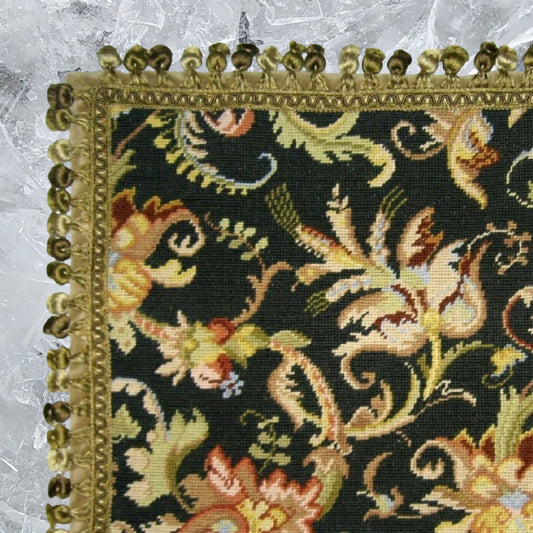 Handmade Wool Needlepoint Pillow Cover - Decorative Throw Cushion Cover - Vintage Floral Embroidery Design wheat flower blooming in autumn midnight washed black back with tassels