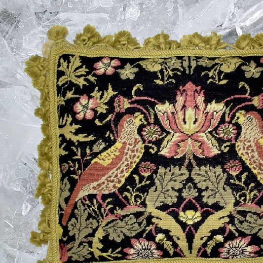Handmade Wool Needlepoint Pillow Cover - Decorative Throw Cushion Cover - Vintage Floral Embroidery Design William Moris design 2 pink birds dark navy background gold tassels
