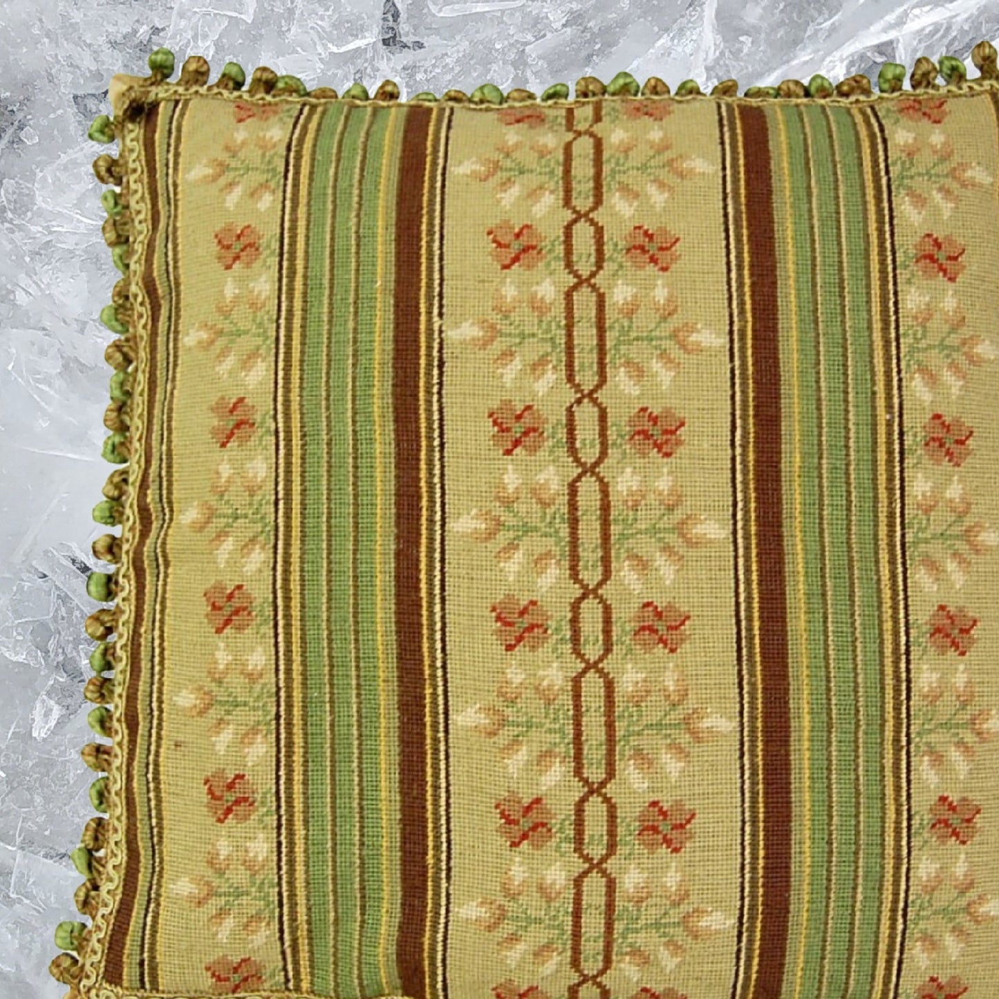 Handmade Wool Needlepoint Pillow Cover - Decorative Throw Cushion Cover - Vintage Floral Embroidery Design green/brown small patten center with 3 color tassels