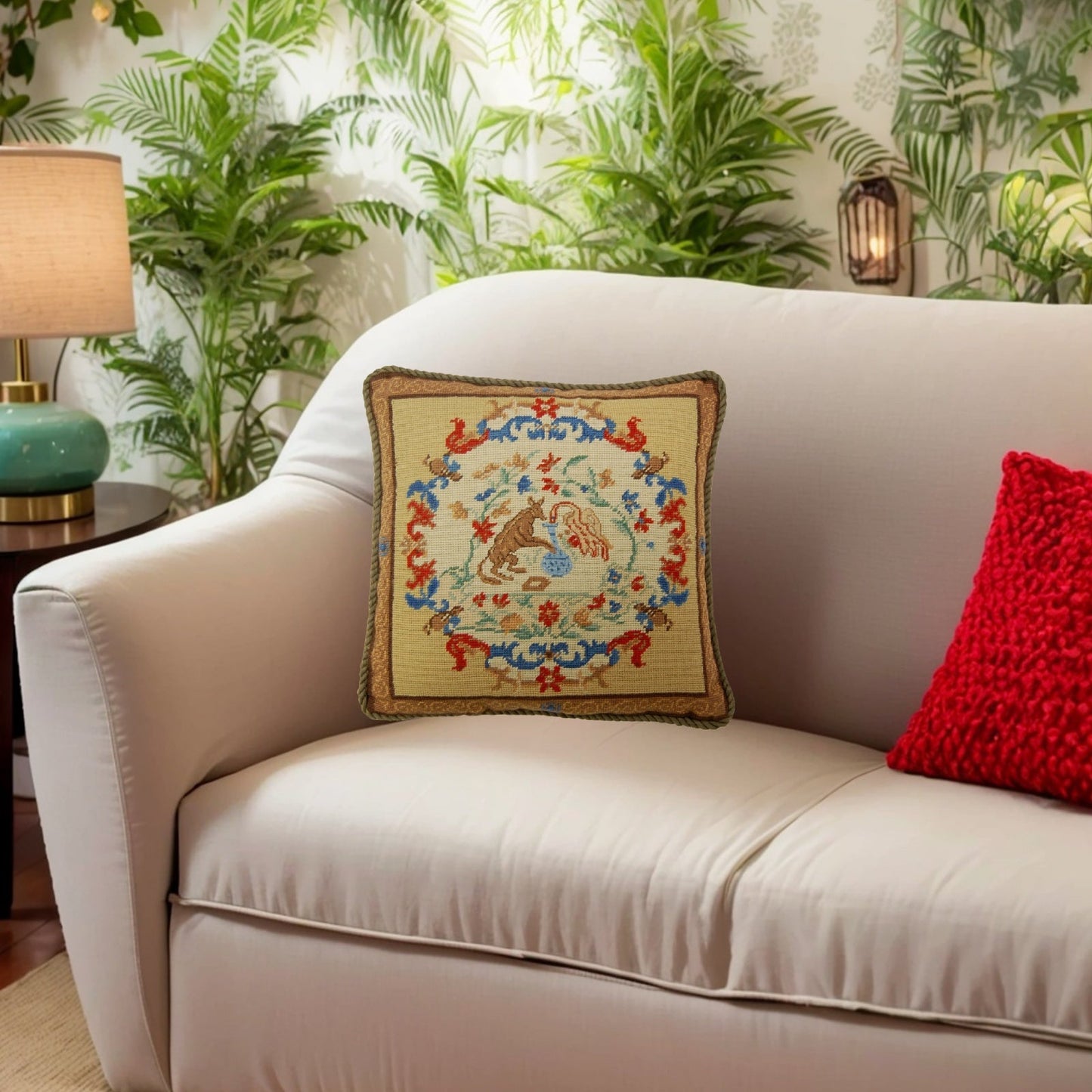Handmade Wool Needlepoint Pillow Cover - Decorative Throw Cushion Cover - Vintage Floral Embroidery Design rest with cording
