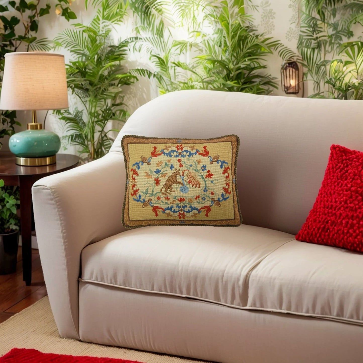 Handmade Wool Needlepoint Pillow Cover - Decorative Throw Cushion Cover - Vintage Floral Embroidery Design center rest with cording