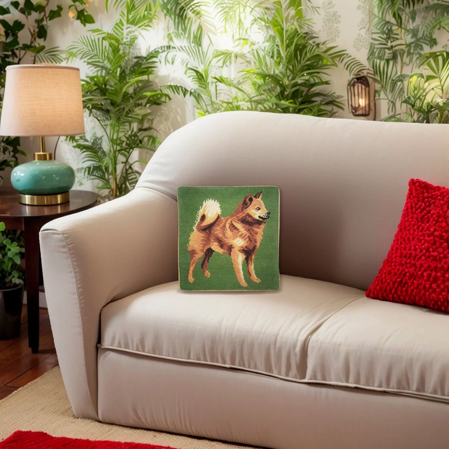 Handmade Wool Needlepoint Pillow Cover - Decorative Throw Cushion Cover - Vintage Floral Embroidery Design Finnish Spitz