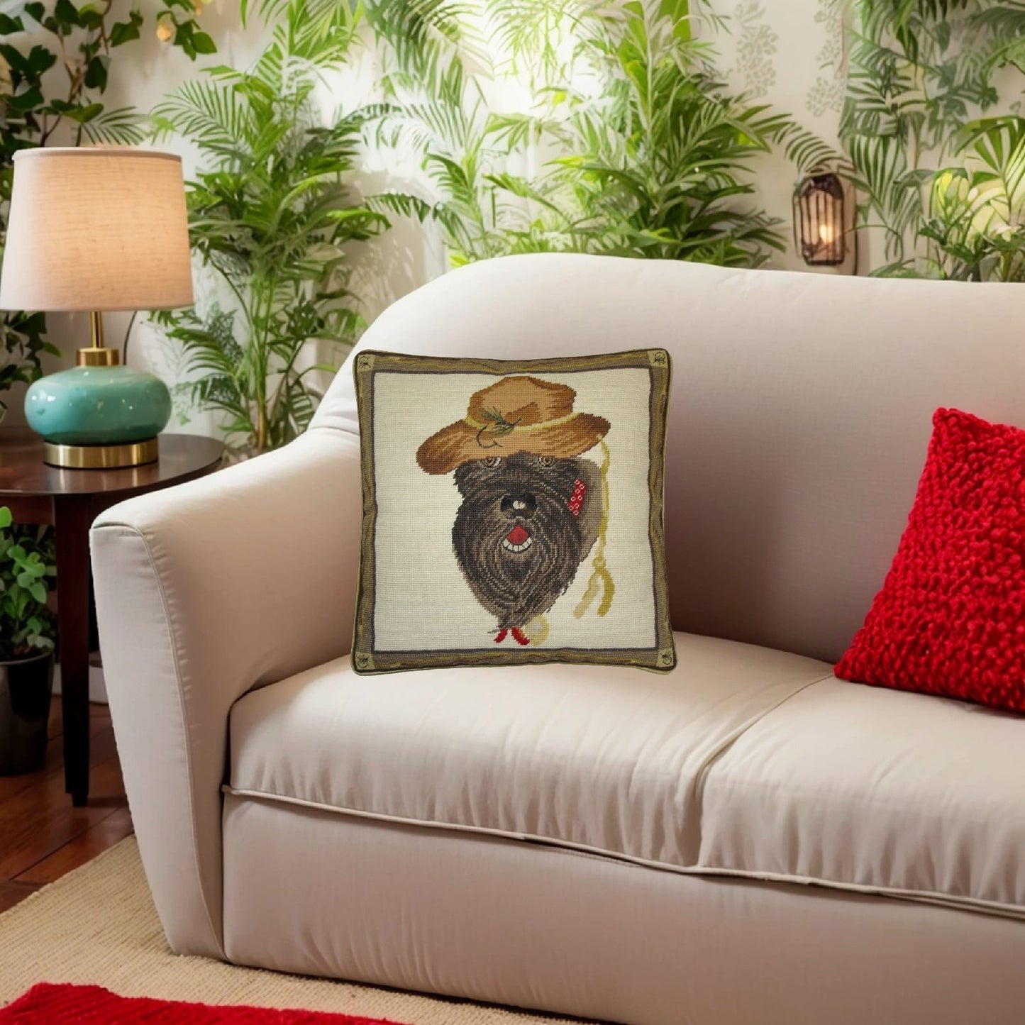 Handmade Wool Needlepoint Pillow Cover - Decorative Throw Cushion Cover - Vintage Floral Embroidery Design on , Pams 1st Schnauzer