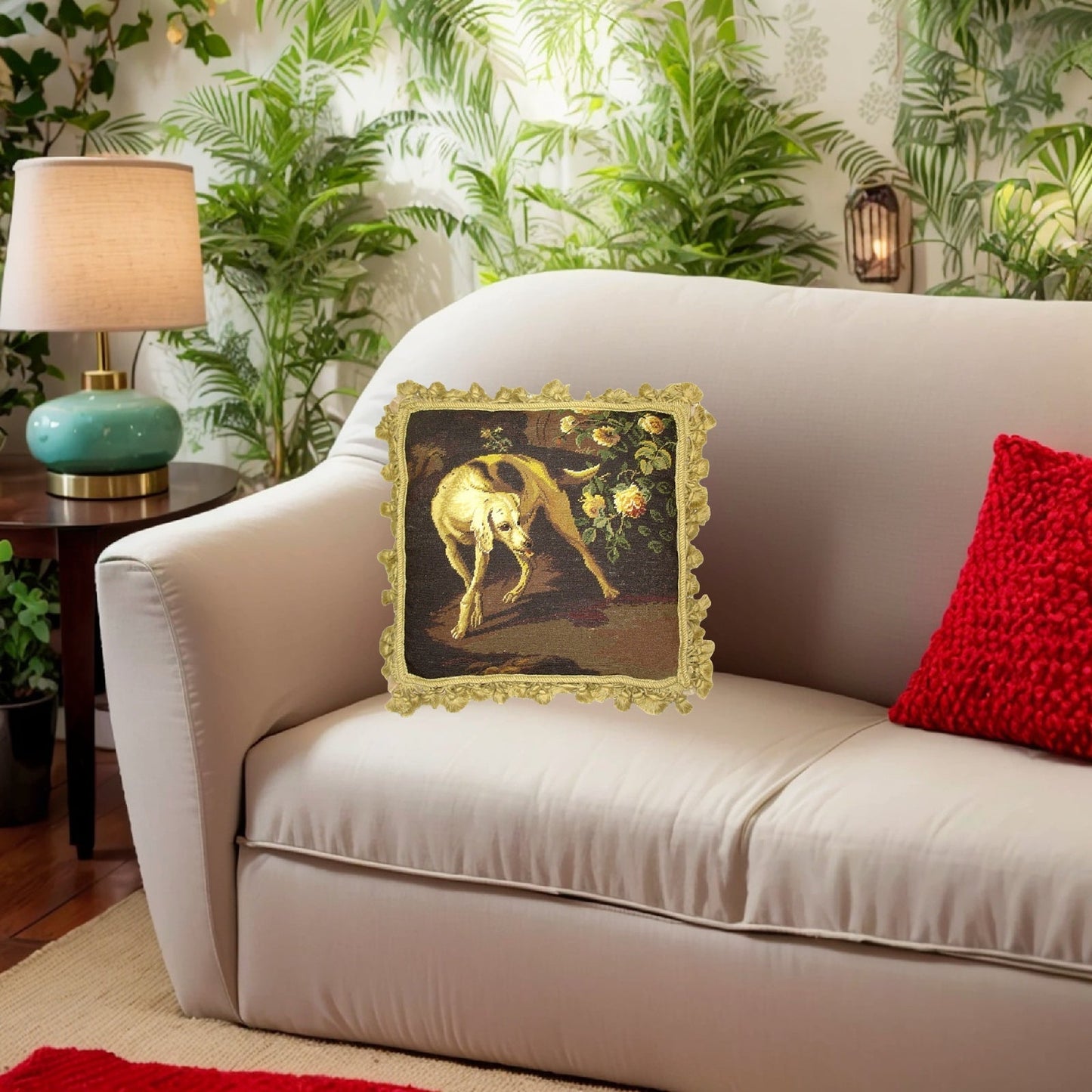 Handmade Wool Needlepoint Pillow Cover - Decorative Throw Cushion Cover - Vintage Floral Embroidery Design brown hunting yellow rose with gold tassels