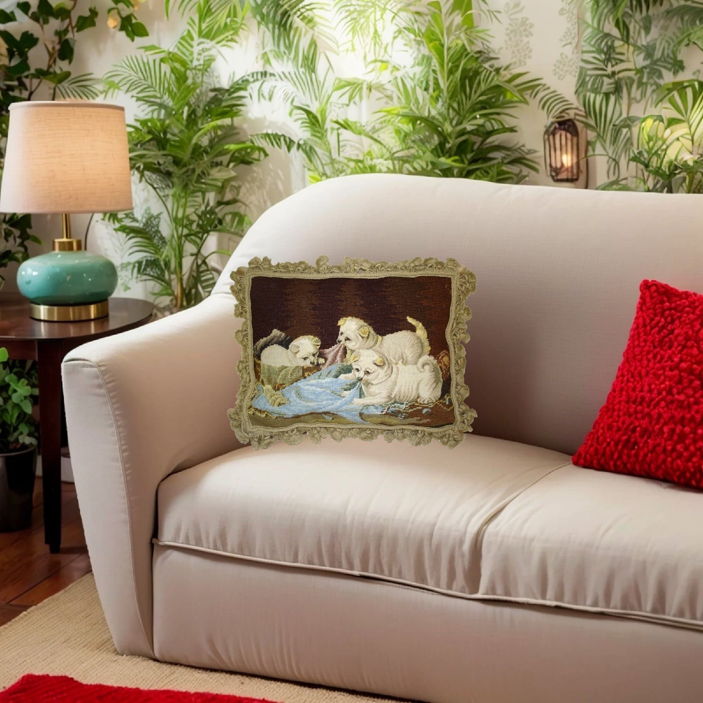 Handmade Wool Needlepoint Pillow Cover - Decorative Throw Cushion Cover - Vintage Floral Embroidery Design  puppies