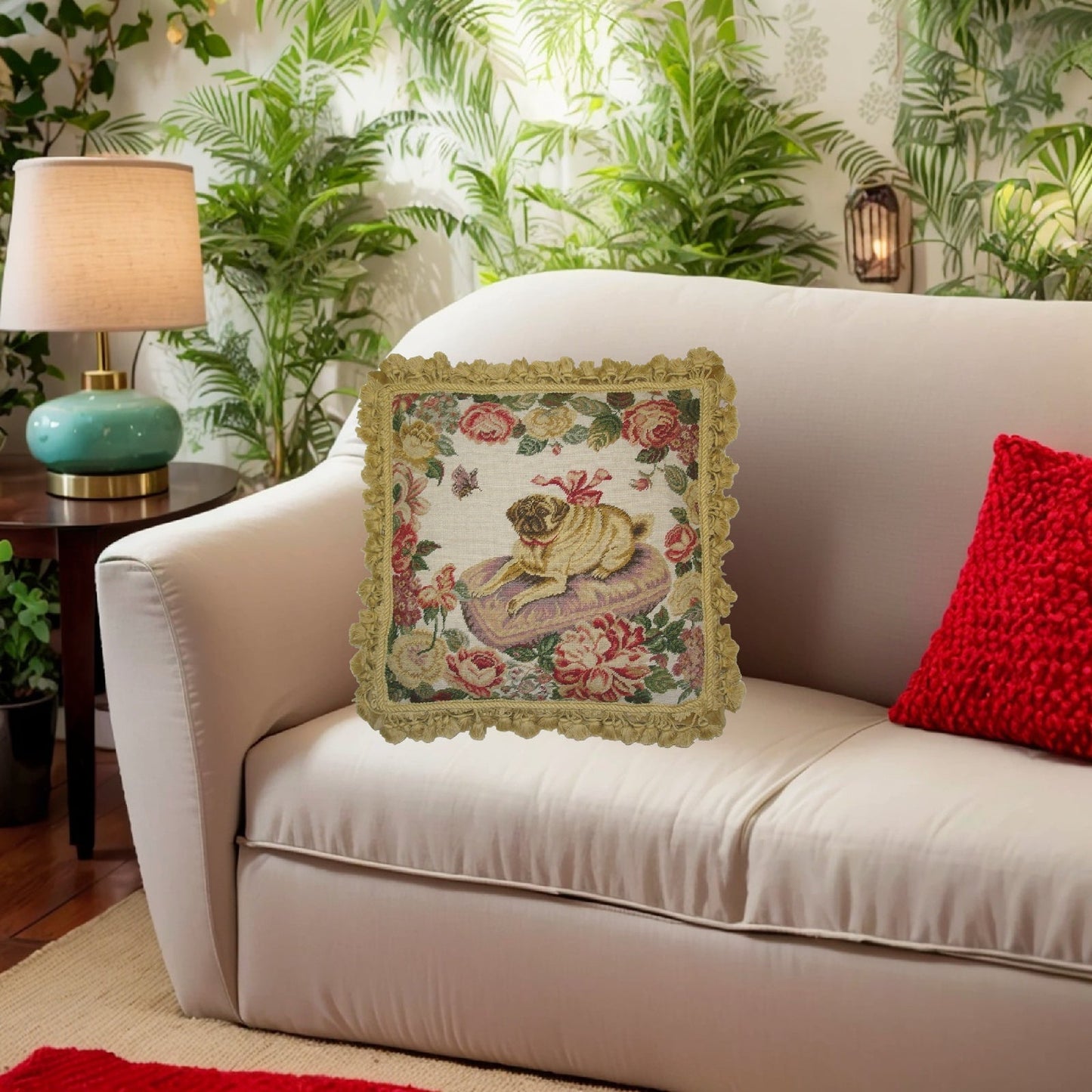 Handmade Wool Needlepoint Pillow Cover - Decorative Throw Cushion Cover - Vintage Floral Embroidery Design Pug on the purple cushion with tassels