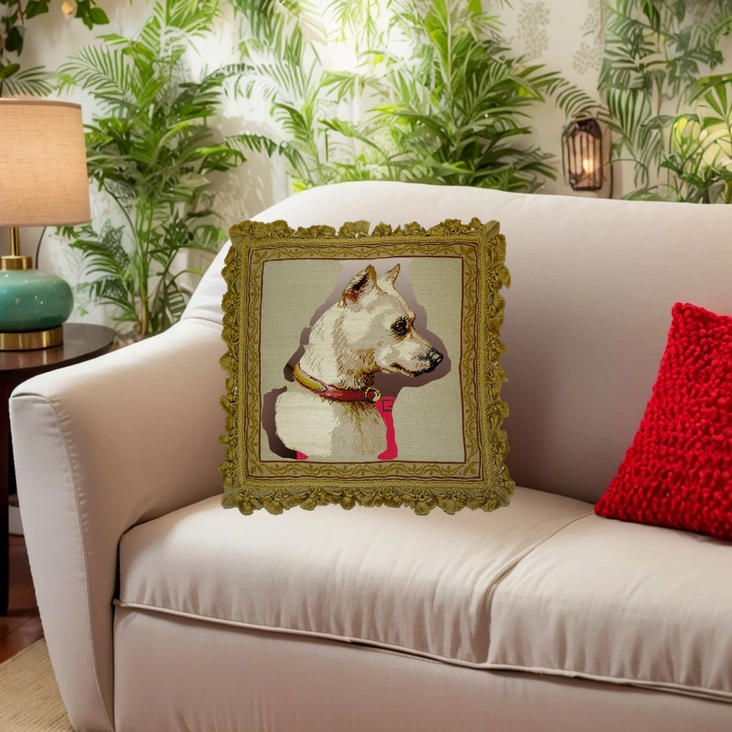 Handmade Wool Needlepoint Pillow Cover - Decorative Throw Cushion Cover - Vintage Floral Embroidery Design Bull Terrie Light with sand nature tassel