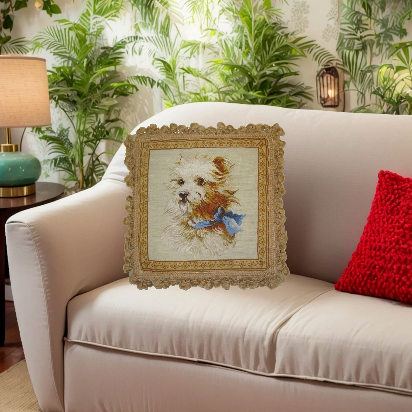 Handmade Wool Needlepoint Pillow Cover - Decorative Throw Cushion Cover - Vintage Floral Embroidery Design Terrier dog with nature tassel