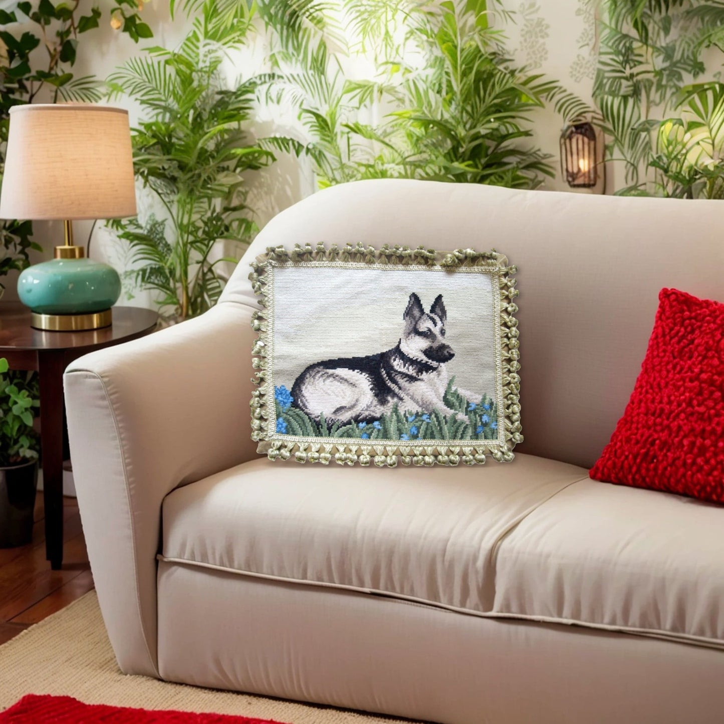 Handmade Wool Needlepoint Pillow Cover - Decorative Throw Cushion Cover - Vintage Floral Embroidery Design Geman Shepherd rest with tassel