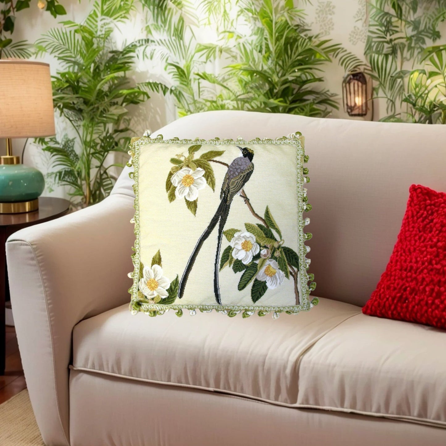 Handmade Wool Needlepoint Pillow Cover - Decorative Throw Cushion Cover - Vintage Floral Embroidery Design bird & magnolia with 2 color tassel